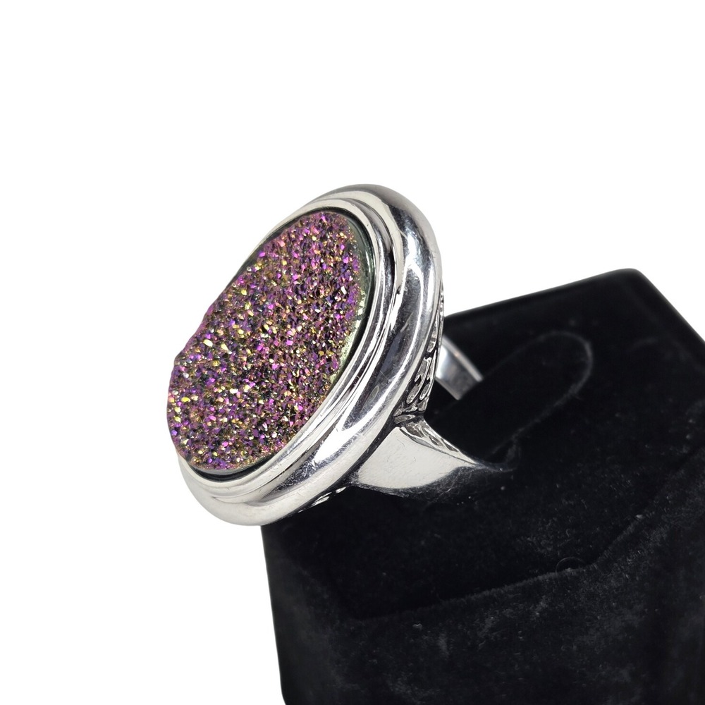 Sterling Silver Druzy Purple‎ Gold Sparkle Cocktail Statement Ornate Set Ring 9